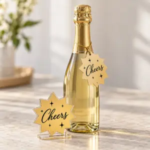 Gold Celebration Bottle Set with a gold starburst standee with the exact text "Cheers" in black script and a matching small hanging tag with tiny stars, no other text