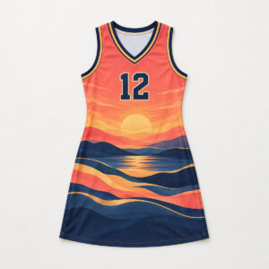 Court Sunrise Jersey Dress with all-over sunrise bands in coral, gold and navy with the number "12" on the chest, no other text