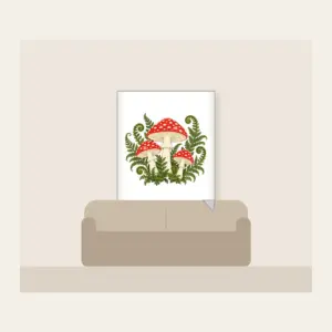 Red Toadstool Trio with Curling Ferns Fleece Blanket in white: Three red-capped mushrooms with curling ferns in cream, red and moss green.