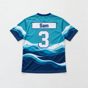 Lakeside Stripe Jersey with Name Patch with wave stripes across the chest in teal, navy and white with a rectangular name patch area, short word "Sam", number "3"