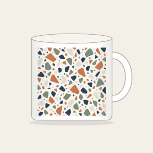 Chip Terrazzo in Terracotta and Navy Mug in white: An all-over terrazzo of chips in terracotta, sage, navy and cream on a warm white field.