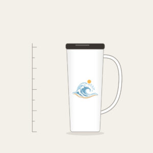 Curling Wave and Little Sun Tumbler with Handle in white: A curling wave in white, pale blue and sand with a small sun disc above.