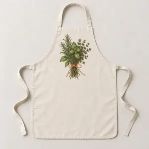 Herb Garden Bistro Apron with compact bib-area illustration of a bundle of rosemary, basil and thyme tied with string in green, cream and terracotta, flat printed