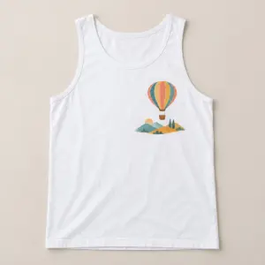 White Hot Air Balloon Tank with compact front chest panel print of a single hot air balloon with a basket over tiny hills in coral, mustard and teal