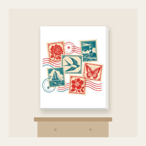 Vintage Postage Collage Canvas Print in white: Vintage postage stamps with a wavy postmark in teal, cream and red.