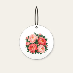 Big Peonies on Deep Green Ceramic Ornament in white: Large peonies in blush and coral with leaves on a dark green ground.