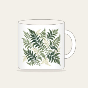 Fern Lattice Mug in white: Fern fronds interlaced into a lattice in sage, forest green and cream.