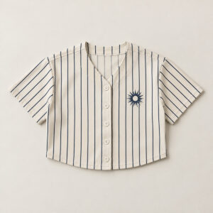 Court Stripe Crop Baseball Jersey with crop jersey with narrow tonal stripes in navy and cream, a small sunburst crest on the chest, no piping