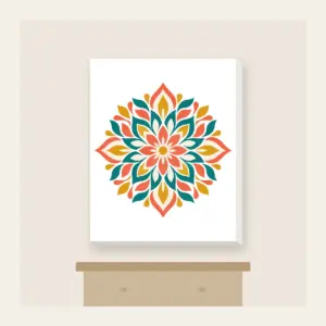 Petal Mosaic Kaleidoscope Canvas Print in white: Symmetrical petal mosaics in coral, teal, mustard and cream.