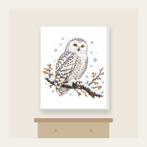Snowy Owl in Snowfall Canvas Print in white: A snowy owl on a branch in white, slate and amber with falling snowflakes.