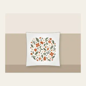 Garden Terrazzo of Leaves and Blossoms Pillow in white: An all-over terrazzo of leaves, pebbles and blossoms in terracotta, sage and cream.