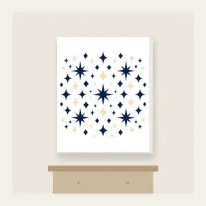 Navy and Cream Diamonds and Stars Canvas Print in white: Diamonds and stars repeat across the artwork in navy and cream.