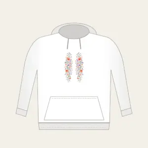 Drifting Wildflowers in Coral and Lilac Hoodie in white: Wildflowers in coral, lilac and sage drift in long lines across the artwork.
