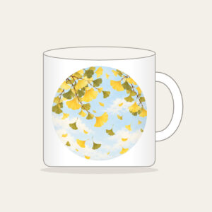 Falling Ginkgo Leaves Mug in white: Ginkgo leaves drift down in butter yellow and olive across a pale, pastel sky.