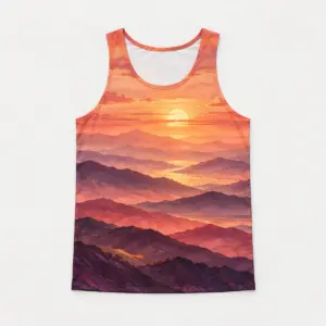 Sunset Ridge Sleeveless Tank with layered ridges against a warm sunset in coral, plum and gold