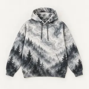 Cedar Smoke Midweight Hoodie with all-over smoke curls rising between pine silhouettes in soft greys