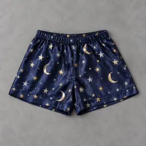 Midnight blue kids satin pajama shorts with falling stars