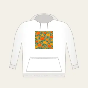 Marigolds and Butterflies on Sage Hoodie in white: An all-over repeat of marigolds and small butterflies in orange and yellow on a sage ground.