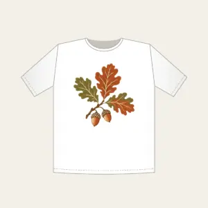 Oak Branch with Acorns T-Shirt in white: An oak branch with three leaves and two acorns in rust, olive and cream.