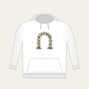 Rose and Ivy Garden Arch Hoodie in white: An arch of climbing roses and ivy in blush, deep green and cream, leaving generous open space in the middle.
