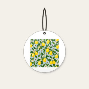 Lemon and Bee Garden Repeat Ceramic Ornament in white: A repeat of lemons, glossy leaves and tiny bees in yellow and green on a pale blue-grey ground.