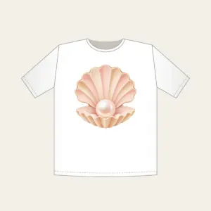 Scallop Shell Holding a Pearl T-Shirt in white: A scallop shell holds a single pearl in blush and sand tones.