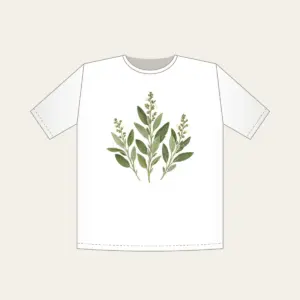 Three Pressed Sage Sprigs T-Shirt in white: Three sage sprigs in cream and pale green with tiny dotted stems, like a page from a pressed-botanical album.