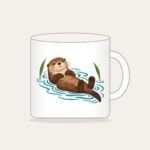 Floating Otter on Teal Ripples Mug in white: A cocoa-brown otter floats on its back in teal ripple lines beside two reed leaves.