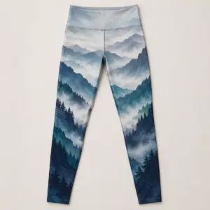Mountain Mist Leggings with layered mountain ridges fading into mist in navy, teal and grey up the sides