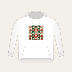Cabin, Tree and Star Patchwork Hoodie in white: Patchwork squares hold simple cabin, tree and star motifs in red, cream and green.