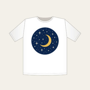 Midnight Stars and Golden Crescent Moon T-Shirt in white: A midnight-blue field with small cream stars and a gold crescent moon.