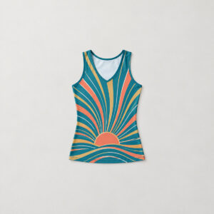 Skinny Sport Tank with Sunrise Lines with all-over sunrise lines in coral, gold and white on teal