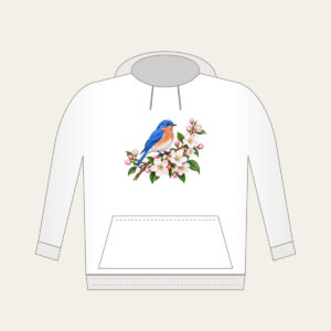 Bluebird on a Blossom Branch Hoodie in white: A small bluebird rests on a branch of cobalt, white and pale pink blossoms.