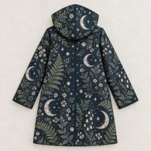 Back view of a long hooded coat with a midnight botanical moon-and-star print.