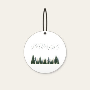 Pine Silhouettes under Scattered Stars Ceramic Ornament in white: A band of pine silhouettes runs along the lower edge beneath a drift of tiny stars in slate, forest green and cream.