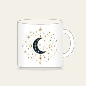 Gilded Constellations and Crescent Moons Mug in white: Cream and gold constellations and crescent moons drift across a deep navy sky.