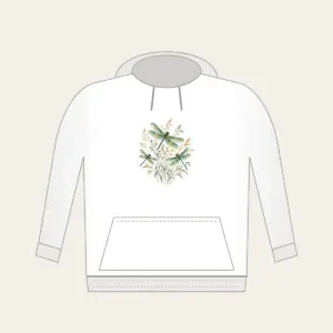 Dragonflies over Meadow Grasses Hoodie in white: Teal and gold dragonflies hover over fine meadow grasses.