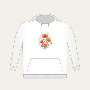 Poppies and Fine Grasses Illustration Hoodie in white: Poppies and fine grasses drawn in coral and olive on a cream ground.