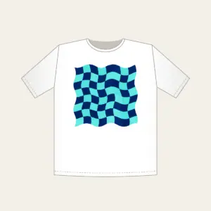 Ripple Checkerboard in Navy and Aqua T-Shirt in white: A checkerboard whose squares ripple like waves in navy and aqua.