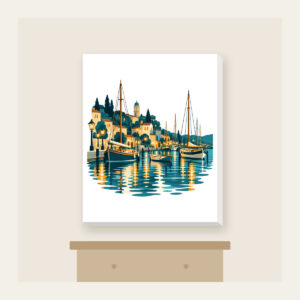 Harbour Lanterns and Masts Canvas Print in white: Harbour lanterns, masts and ripples in teal, amber and cream.