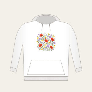 Wildflower Scatter on Sage Hoodie in white: Wildflowers in lavender, poppy red and butter yellow scatter over a sage ground.