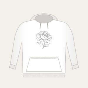 Peony in One Line Hoodie in white: A single peony drawn in one continuous black line with two leaves.
