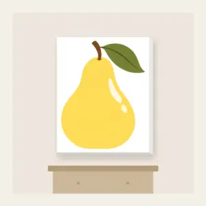 Butter Yellow Pear with Olive Leaf Canvas Print in white: A stylized butter-yellow pear with an olive leaf and a small cream highlight, drawn in a clean, rounded outline.