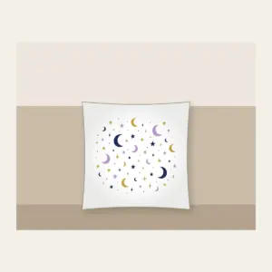 Scattered Stars and Crescents Pillow in white: Small stars and crescent moons scattered across the night in navy, lilac and gold.
