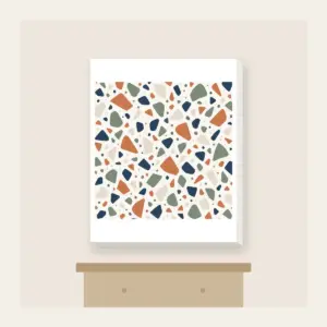 Chip Terrazzo in Terracotta and Navy Canvas Print in white: An all-over terrazzo of chips in terracotta, sage, navy and cream on a warm white field.