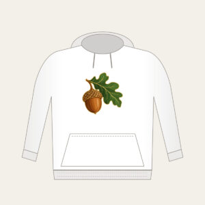 Gold-Outlined Acorn and Oak Leaf Hoodie in white: A single acorn with an oak leaf in warm brown and green with a thin gold outline.