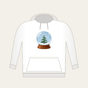 Tiny Pine Snow Globe Hoodie in white: A small pine tree stands inside a round snow globe as white flakes swirl around it.