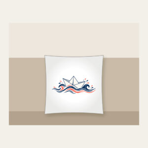Folded Paper Boat on Navy Waves Pillow in white: A folded paper boat on fine-lined waves in navy and coral.