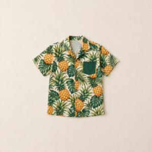 Pineapple Grove Pocket Shirt with all-over pineapples and leaves in gold and green with a solid contrasting area at the chest pocket