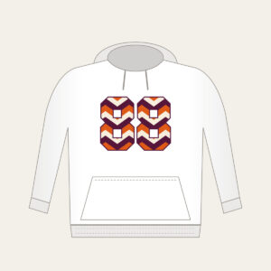Plum Chevron Panels with Number 88 Hoodie in white: Bold chevron panels in plum, burnt orange and cream, with the number “88” standing out in the middle.